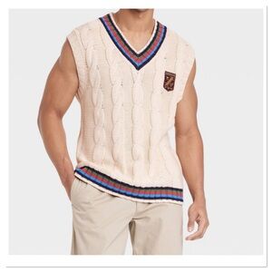 Men's Beige Cable Knit Vest with Striped Trim